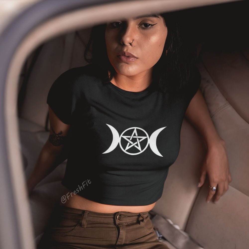 🆕Pentacle Star Moons Fitted Crop Top Tee Black